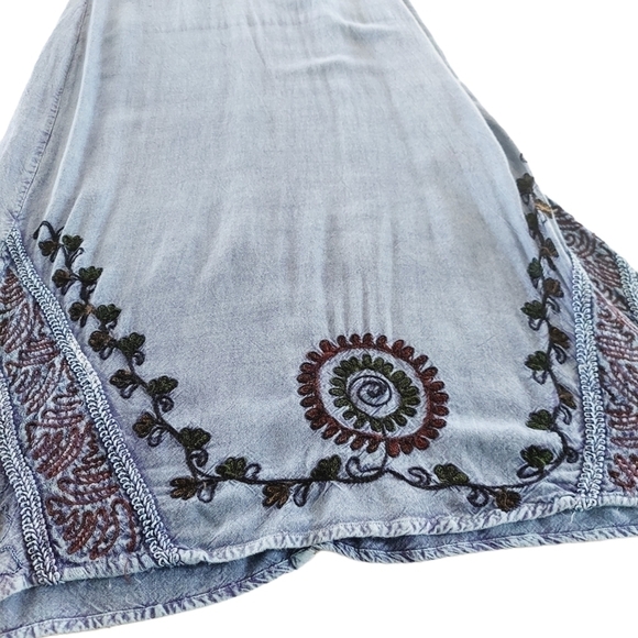 Chambray Denim Maxi Jumper Dress Womens Medium Embroidered Side Slits Tie Back - Picture 6 of 12